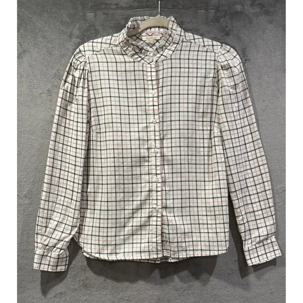 Barbour Daffodil Shirt Pink Green Plaid Ruffle Collar Puff Sleeve Cotton Size 6